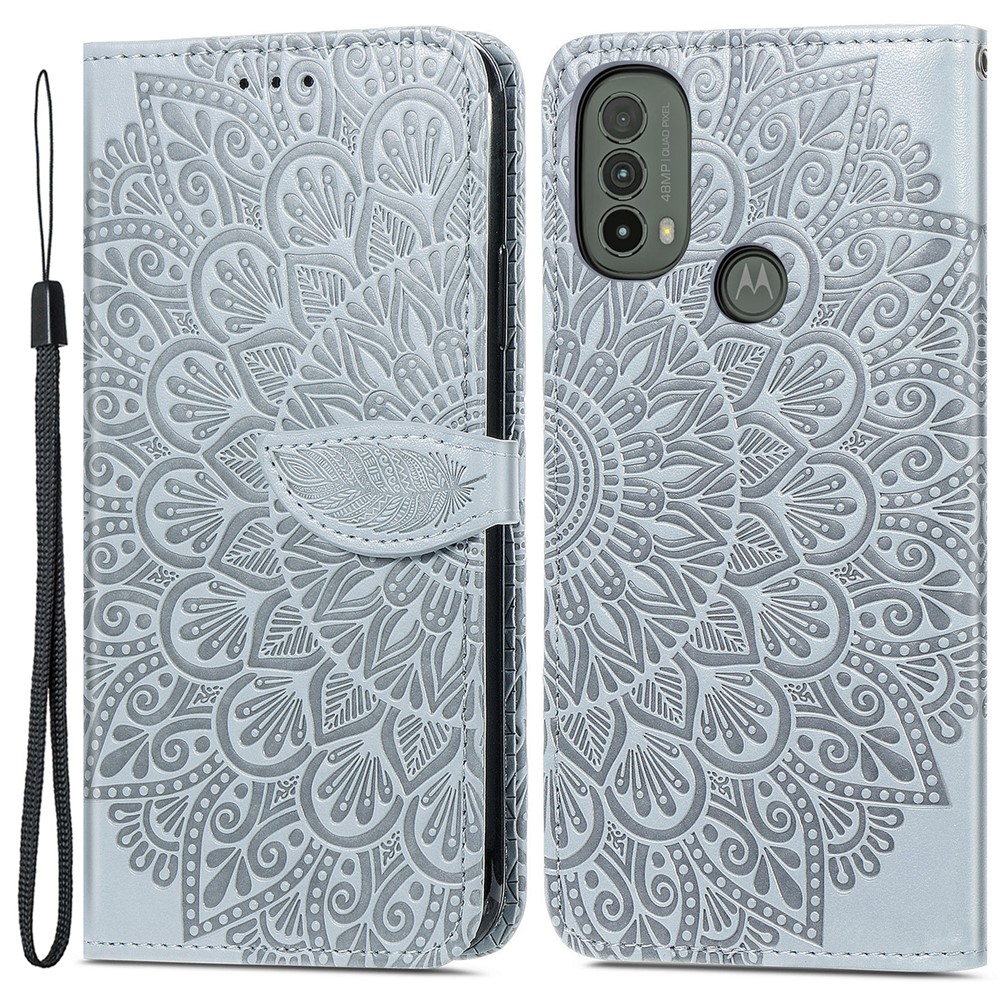 Imprinted Dream Wings Pattern TPU+PU Leather Folio Phone Case Stand Function Wallet Flip Cover with Strap for Motorola Moto E40/E30 - Grey-1