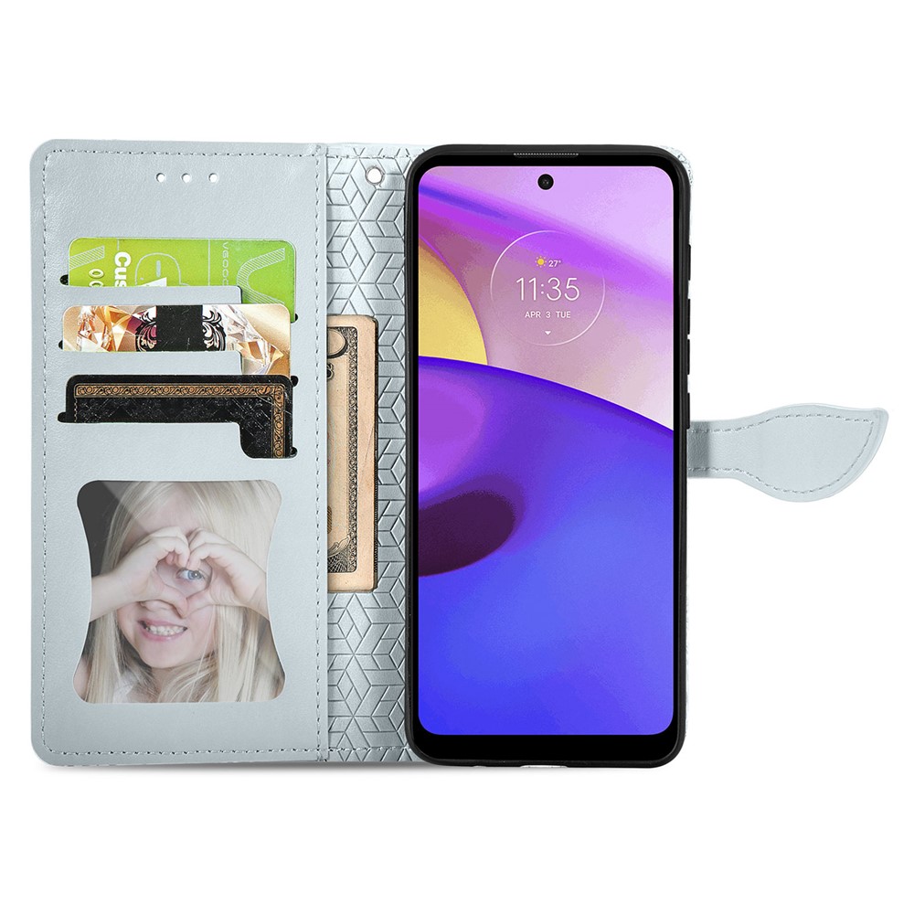 Imprinted Dream Wings Pattern TPU+PU Leather Folio Phone Case Stand Function Wallet Flip Cover with Strap for Motorola Moto E40/E30 - Grey-5