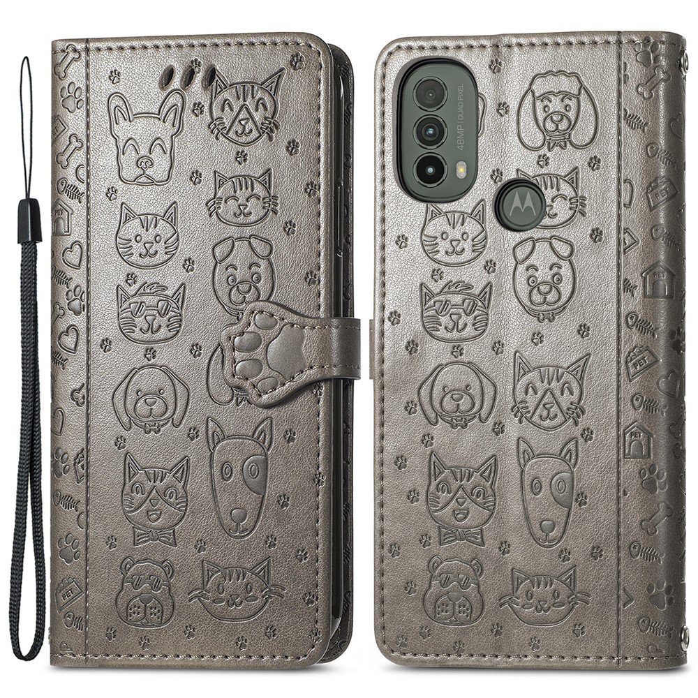 PU Leather + TPU Flip Covering Imprinted Cat Dog Pattern Flip Stand Wallet Case Shell with Strap for Motorola Moto E30 / E40 - Grey-1