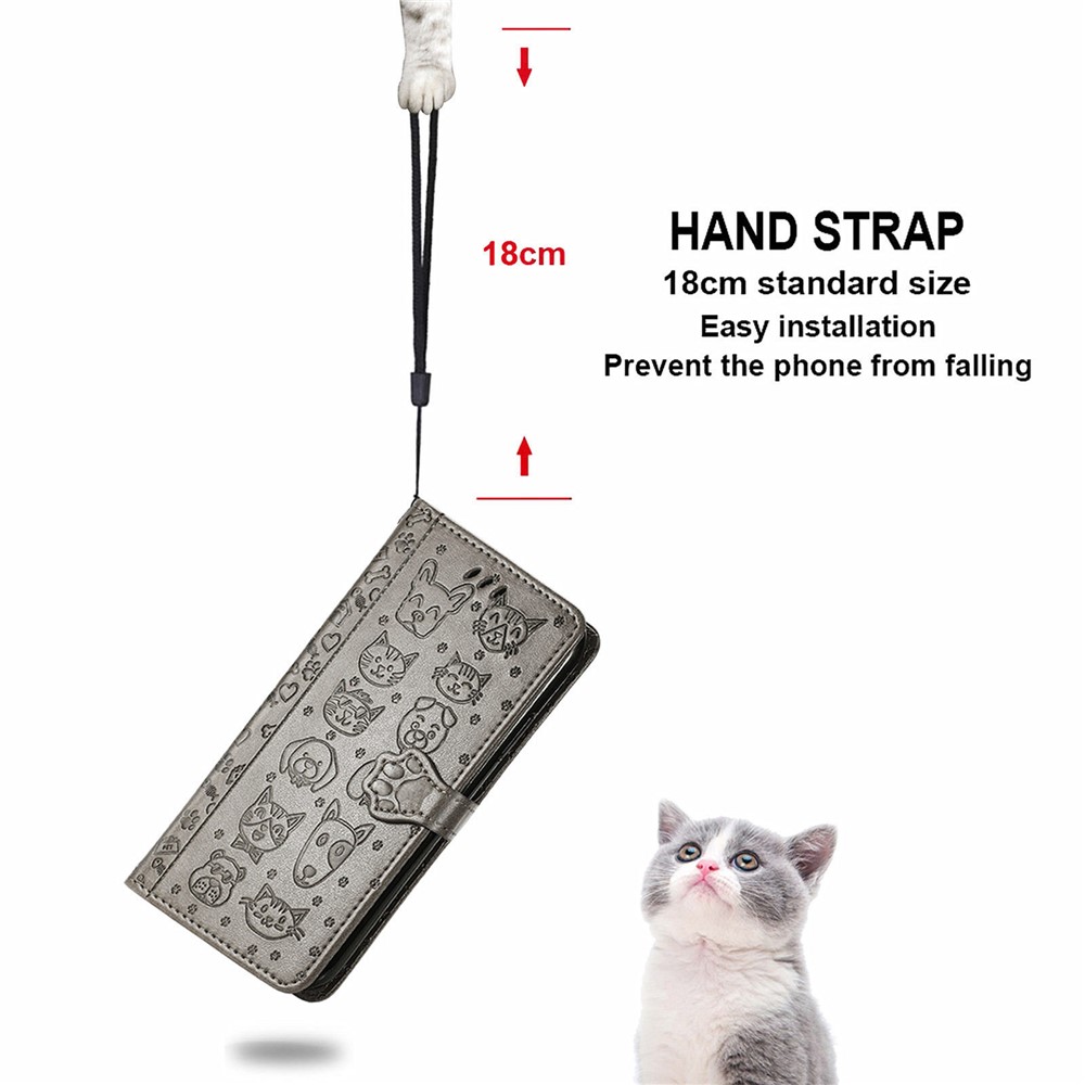PU Leather + TPU Flip Covering Imprinted Cat Dog Pattern Flip Stand Wallet Case Shell with Strap for Motorola Moto E30 / E40 - Grey-2
