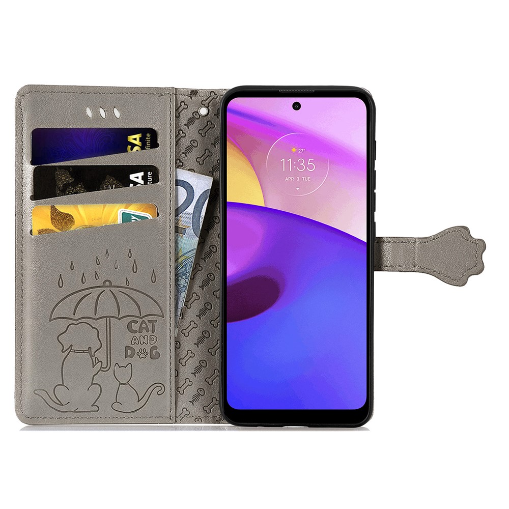 PU Leather + TPU Flip Covering Imprinted Cat Dog Pattern Flip Stand Wallet Case Shell with Strap for Motorola Moto E30 / E40 - Grey-6