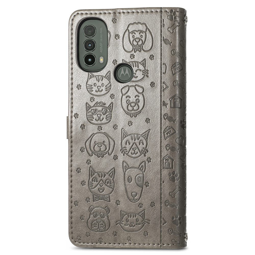 PU Leather + TPU Flip Covering Imprinted Cat Dog Pattern Flip Stand Wallet Case Shell with Strap for Motorola Moto E30 / E40 - Grey-8