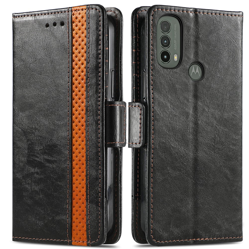 CASENEO 002 Series Business Style Splicing PU Leather Cover Anti-seismic Folio Flip Phone Case with Stand Wallet for Motorola Moto E30/E40 - Black-1