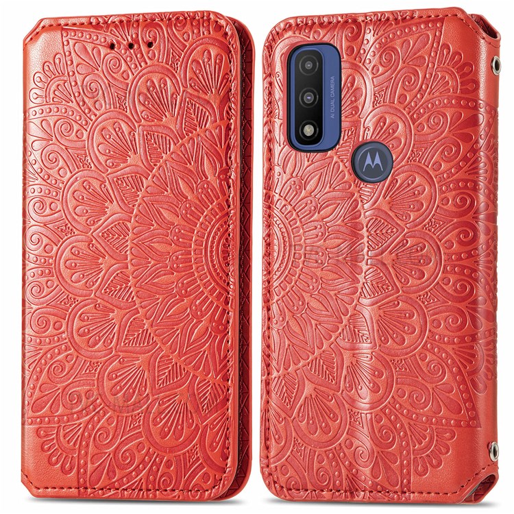Imprinted Mandala Pattern PU Leather Stand Folio Cover Auto Magnetic Closed Wallet Case for Motorola G Pure - Red-1