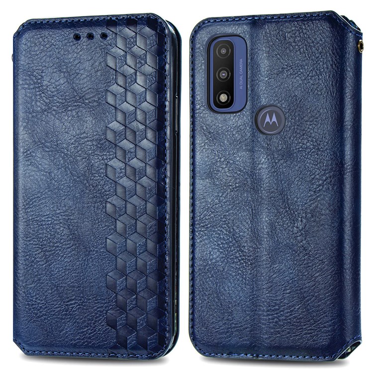 Auto-absorbed Imprinting Rhombus Stand Wallet Leather Cover Magnetic Phone Flip Case for Motorola G Pure - Blue-1