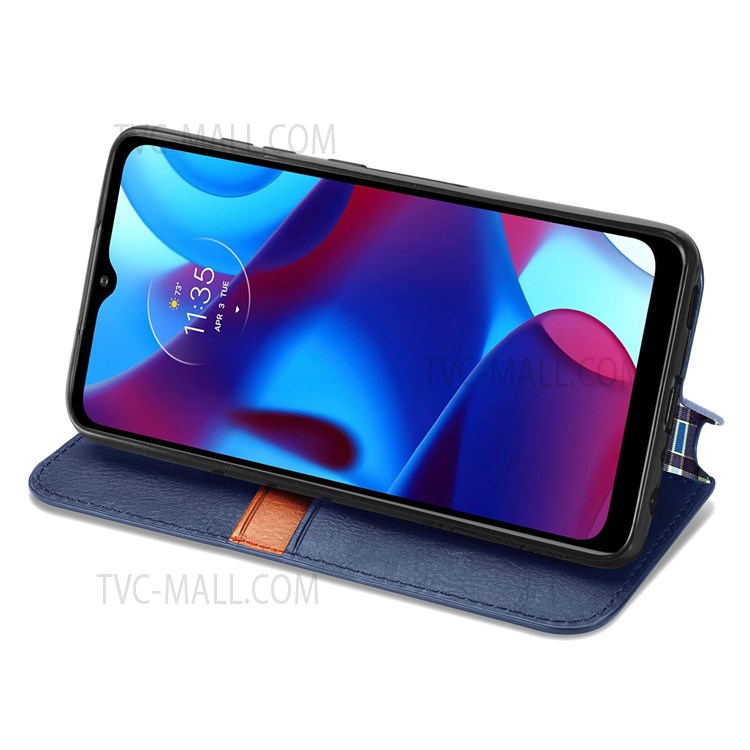Auto-absorbed Imprinting Rhombus Stand Wallet Leather Cover Magnetic Phone Flip Case for Motorola G Pure - Blue-3