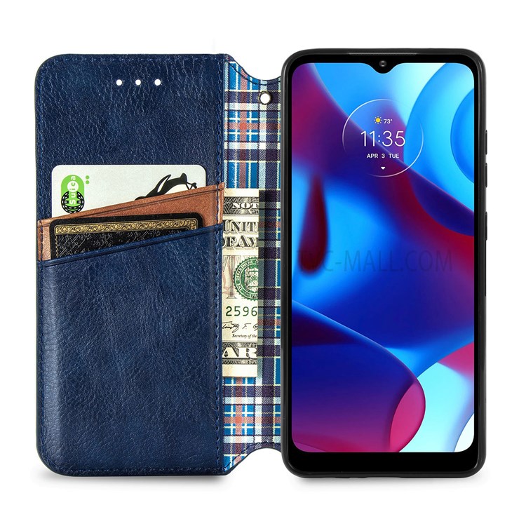 Auto-absorbed Imprinting Rhombus Stand Wallet Leather Cover Magnetic Phone Flip Case for Motorola G Pure - Blue-4