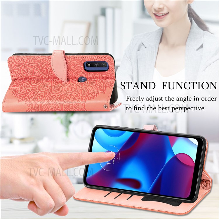 PU Leather Folio Case Stand Function Imprinted Dream Wings Pattern Wallet Flip Cover with Strap for Motorola G Pure - Orange-2