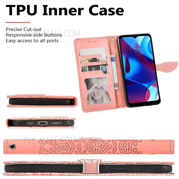 PU Leather Folio Case Stand Function Imprinted Dream Wings Pattern Wallet Flip Cover with Strap for Motorola G Pure - Orange-4