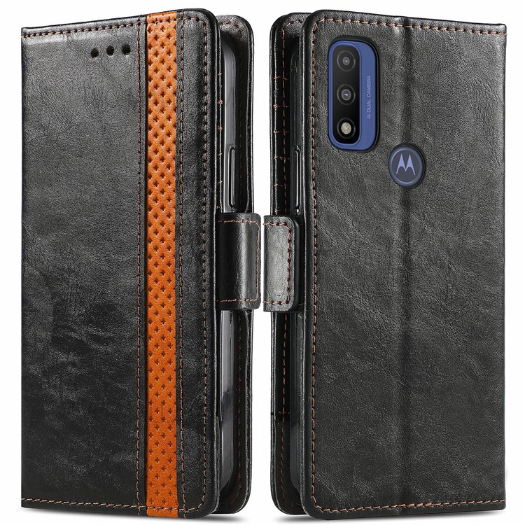 CASENEO 002 Series Impact-resistant Business Style Splicing PU Leather RFID Blocking Wallet Stand Cover Case for Motorola G Pure - Black-1