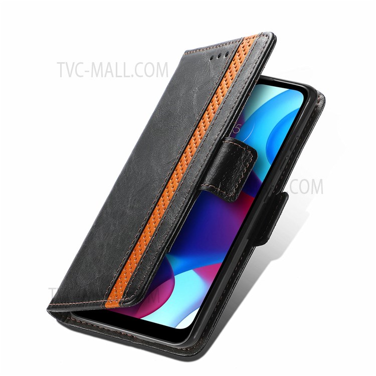 CASENEO 002 Series Impact-resistant Business Style Splicing PU Leather RFID Blocking Wallet Stand Cover Case for Motorola G Pure - Black-11