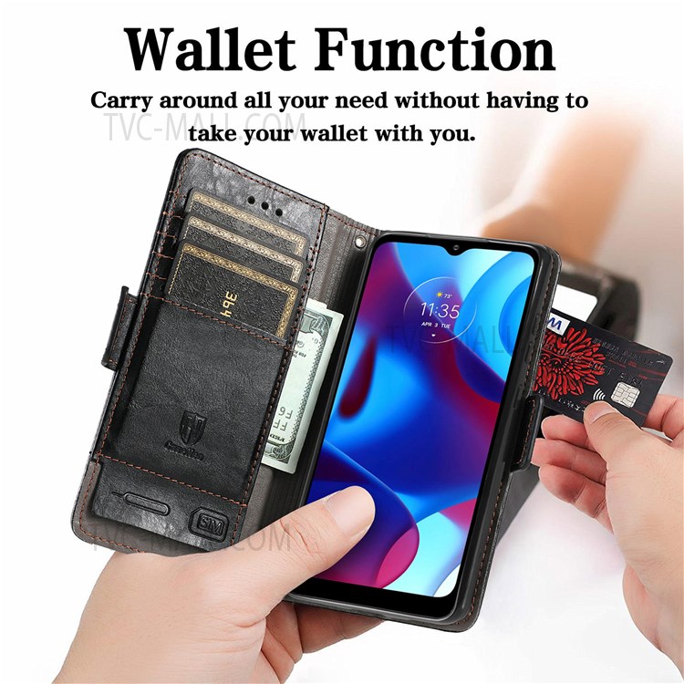 CASENEO 002 Series Impact-resistant Business Style Splicing PU Leather RFID Blocking Wallet Stand Cover Case for Motorola G Pure - Black-3