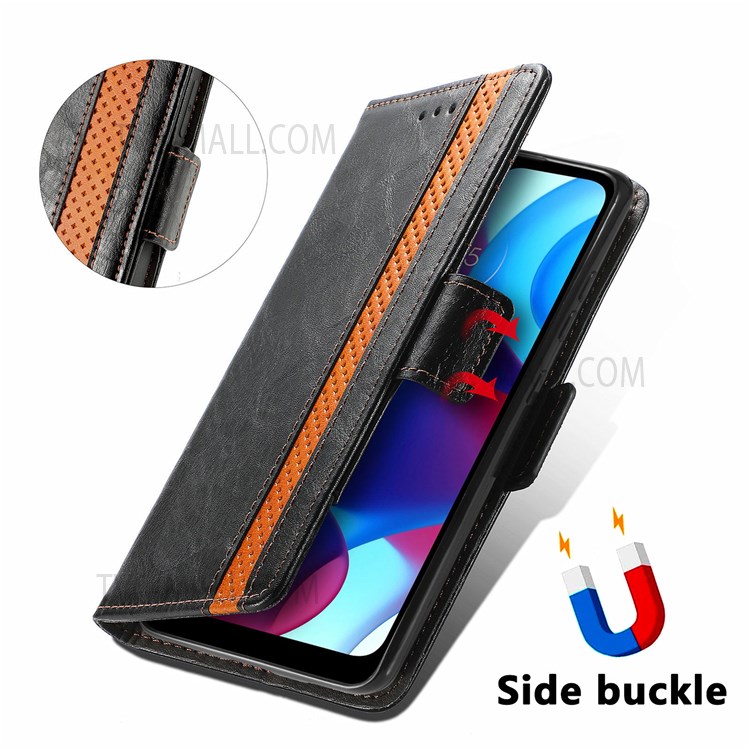 CASENEO 002 Series Impact-resistant Business Style Splicing PU Leather RFID Blocking Wallet Stand Cover Case for Motorola G Pure - Black-8
