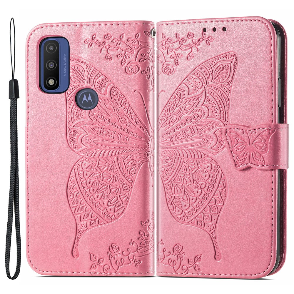 PU Leather Butterfly Flower Imprinted Flip Case Stand Magnetic Closure Protective Cover with Strap for Motorola G Pure - Pink-1