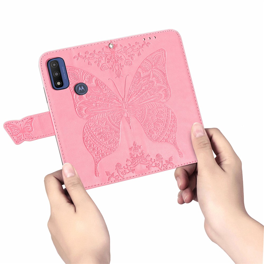 PU Leather Butterfly Flower Imprinted Flip Case Stand Magnetic Closure Protective Cover with Strap for Motorola G Pure - Pink-10