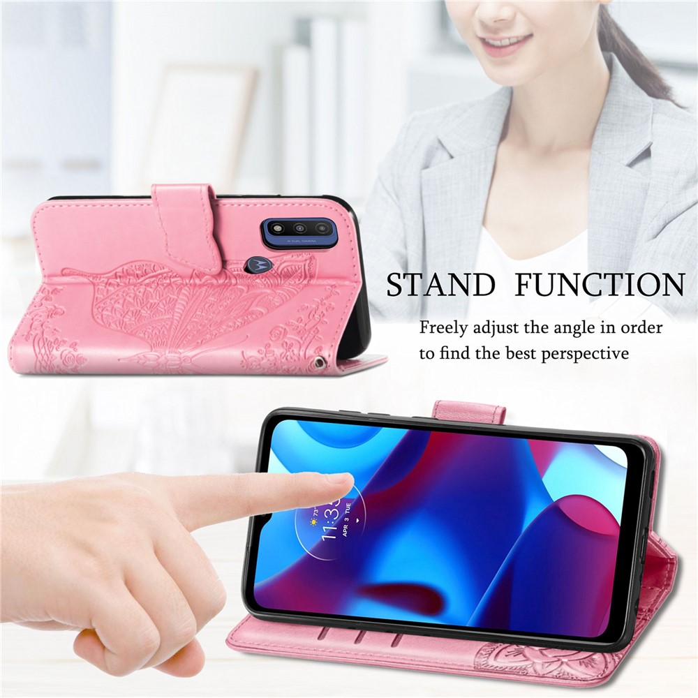 PU Leather Butterfly Flower Imprinted Flip Case Stand Magnetic Closure Protective Cover with Strap for Motorola G Pure - Pink-2