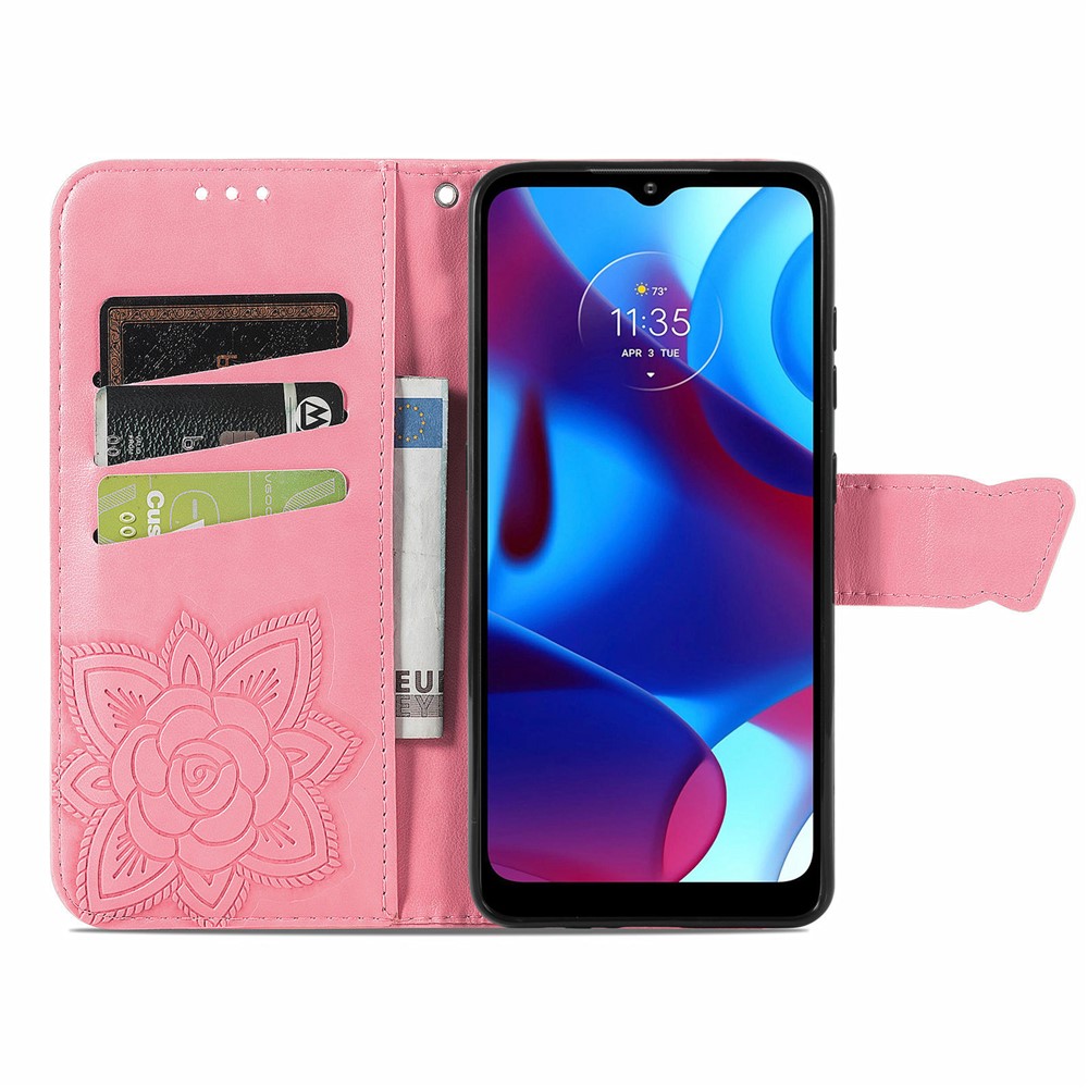PU Leather Butterfly Flower Imprinted Flip Case Stand Magnetic Closure Protective Cover with Strap for Motorola G Pure - Pink-3