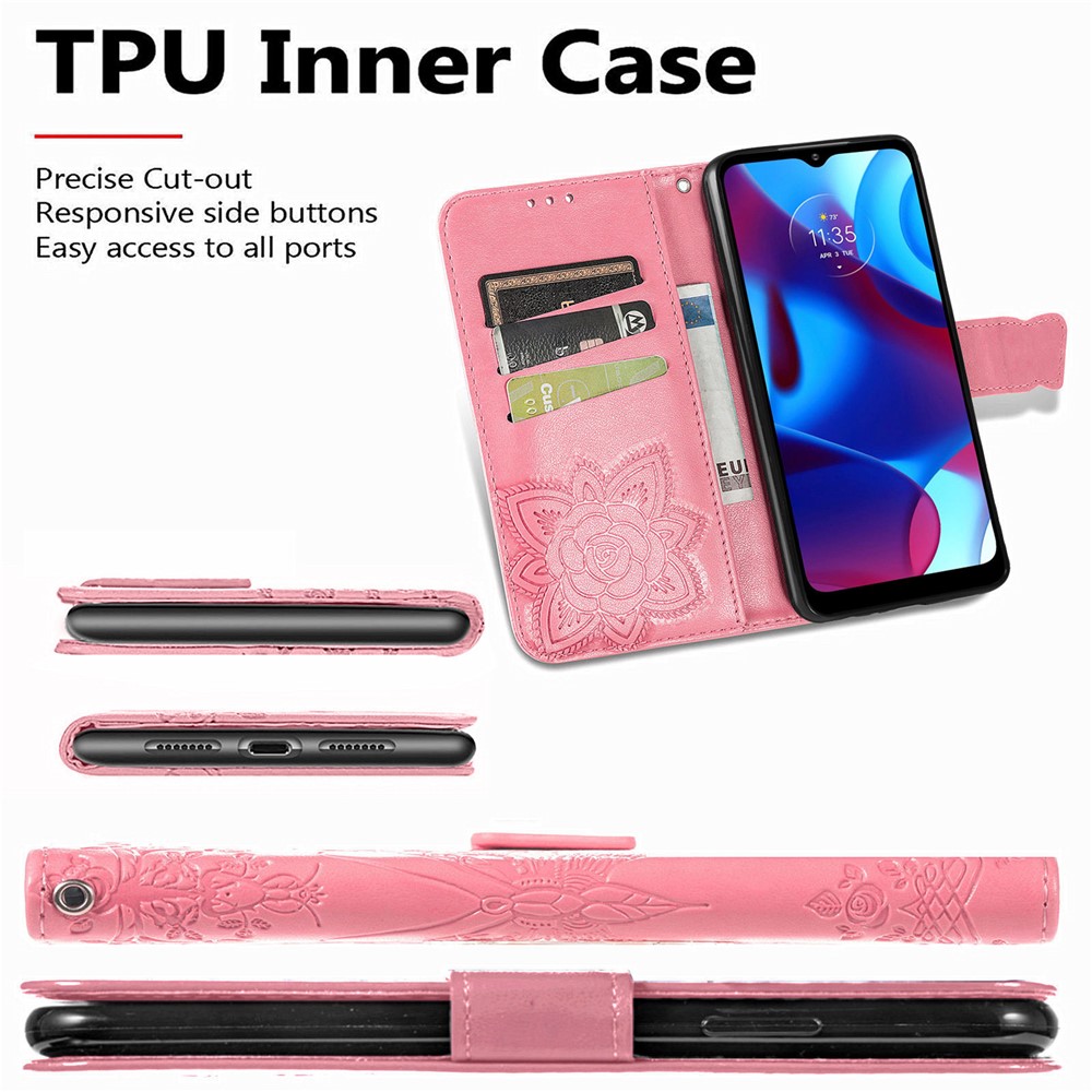 PU Leather Butterfly Flower Imprinted Flip Case Stand Magnetic Closure Protective Cover with Strap for Motorola G Pure - Pink-4