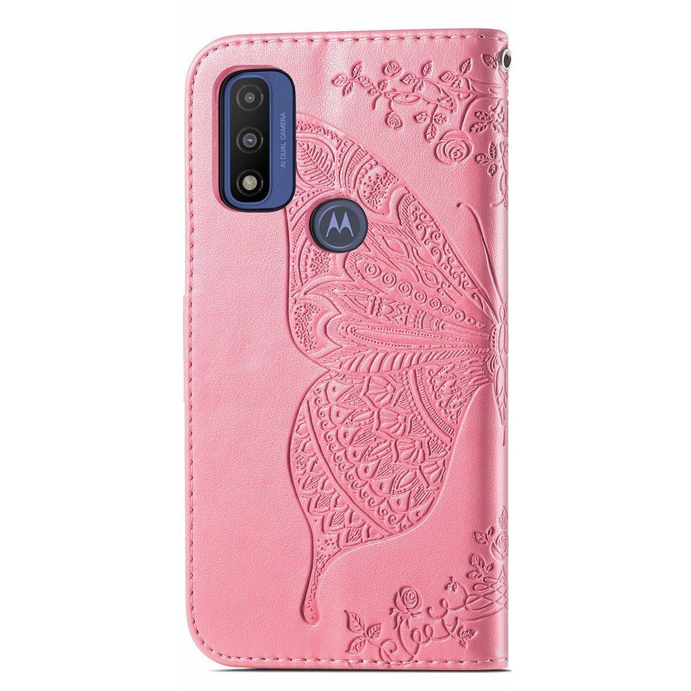 PU Leather Butterfly Flower Imprinted Flip Case Stand Magnetic Closure Protective Cover with Strap for Motorola G Pure - Pink-9