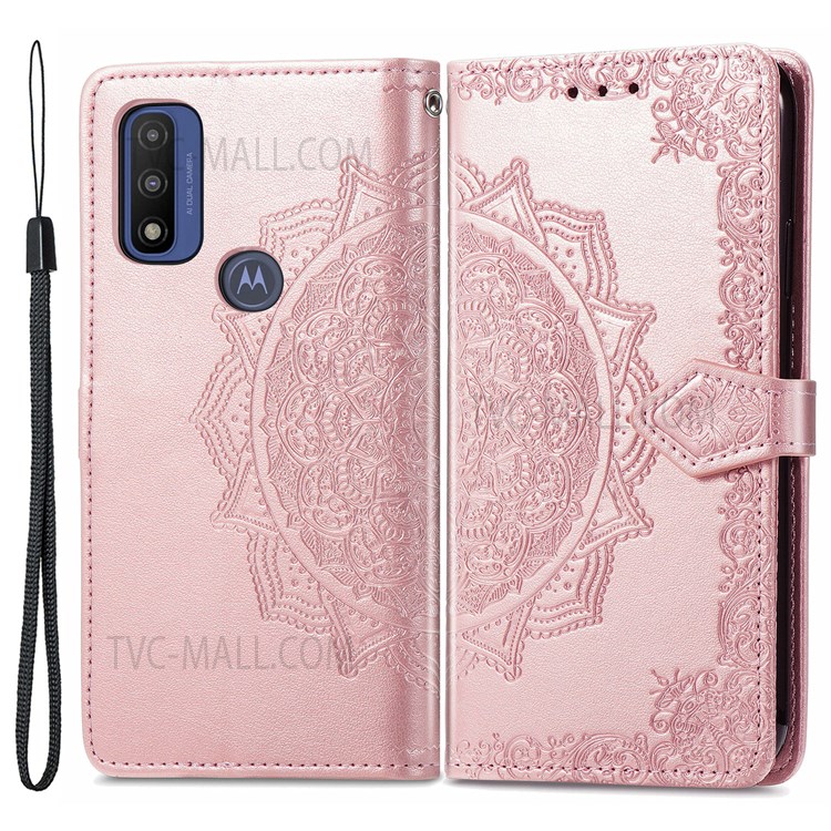 PU Leather Mandala Embossed Design Wallet Flip Case Stand Magnetic Closure Cover with Strap for Motorola G Pure - Rose Gold-1