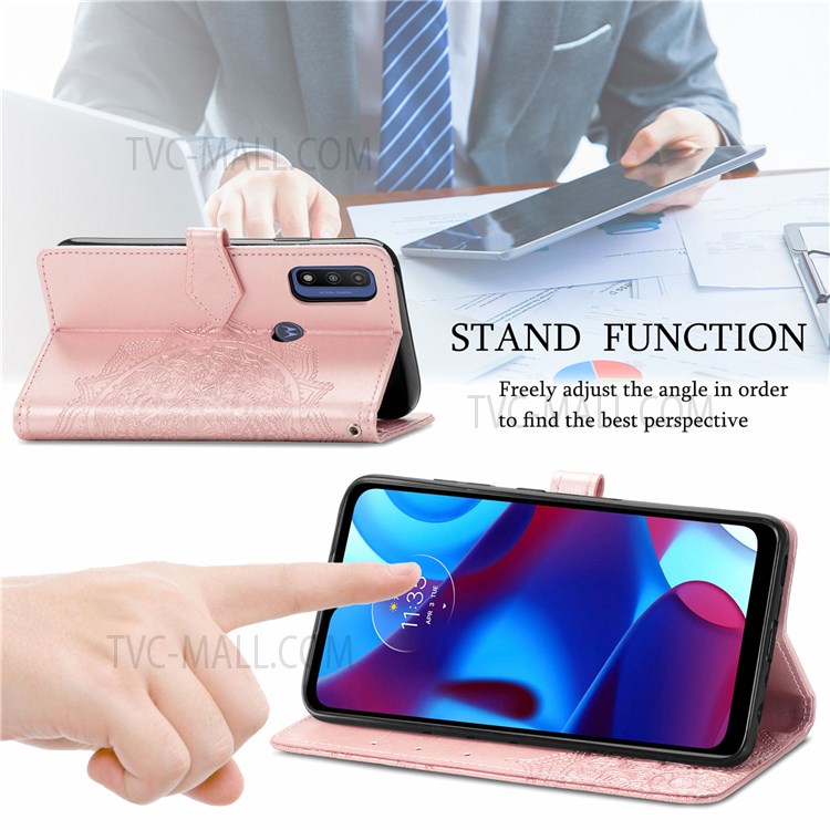 PU Leather Mandala Embossed Design Wallet Flip Case Stand Magnetic Closure Cover with Strap for Motorola G Pure - Rose Gold-2