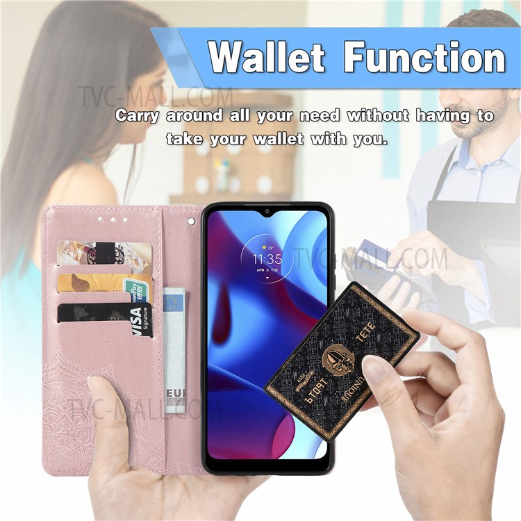 PU Leather Mandala Embossed Design Wallet Flip Case Stand Magnetic Closure Cover with Strap for Motorola G Pure - Rose Gold-3