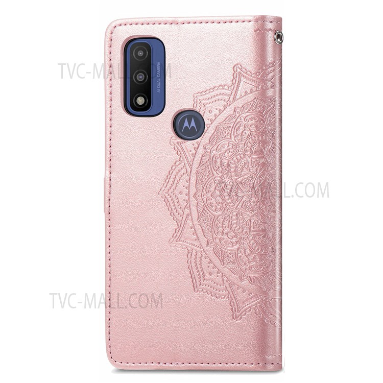 PU Leather Mandala Embossed Design Wallet Flip Case Stand Magnetic Closure Cover with Strap for Motorola G Pure - Rose Gold-7