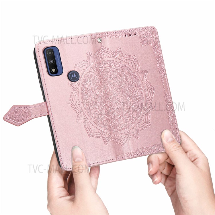 PU Leather Mandala Embossed Design Wallet Flip Case Stand Magnetic Closure Cover with Strap for Motorola G Pure - Rose Gold-8