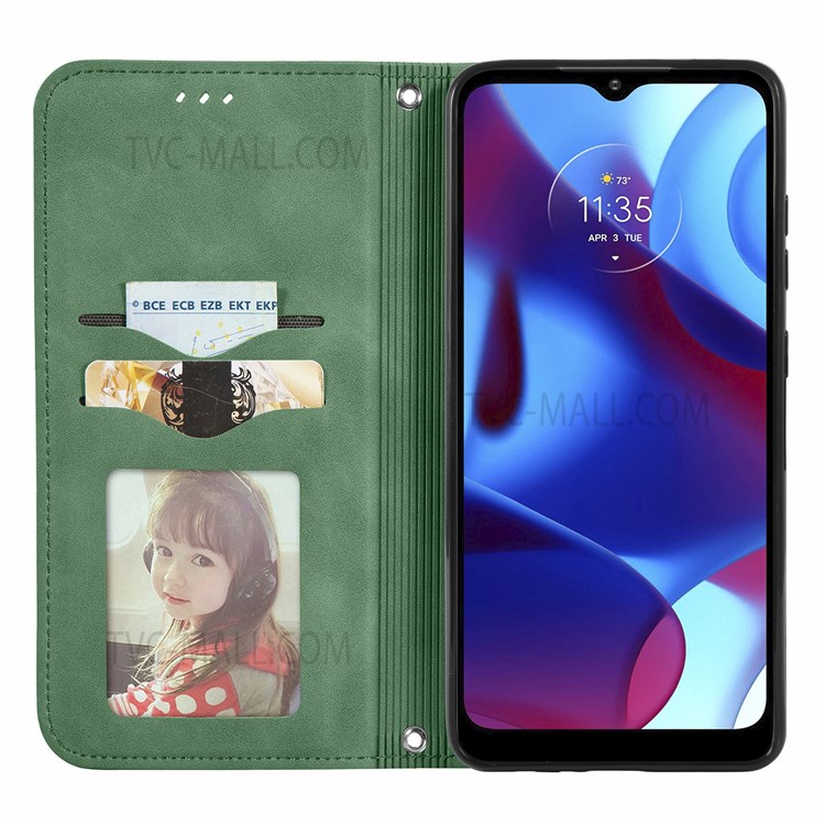 Soft TPU+PU Leather Flip Phone Case Stand Card Slots Folio Auto-absorbed Phone Covering for Motorola G Pure - Green-4