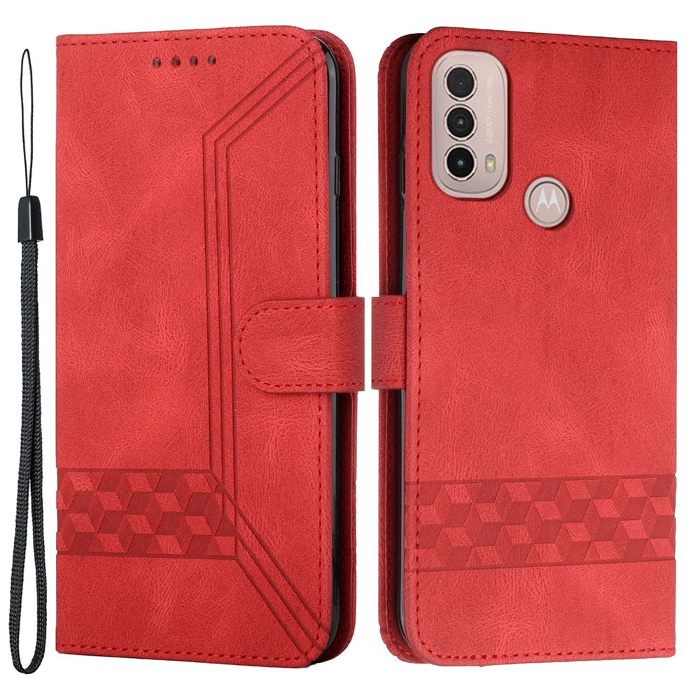 YX0010 Imprinting Rhombus Lines Scratch-resistant PU Leather Stand Case Wallet Protector with Strap for Motorola Moto E20/E30/E40 - Red-1