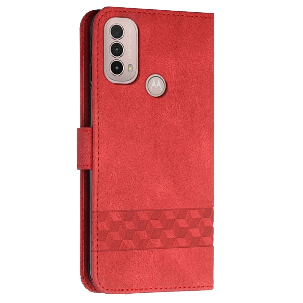 YX0010 Imprinting Rhombus Lines Scratch-resistant PU Leather Stand Case Wallet Protector with Strap for Motorola Moto E20/E30/E40 - Red-3