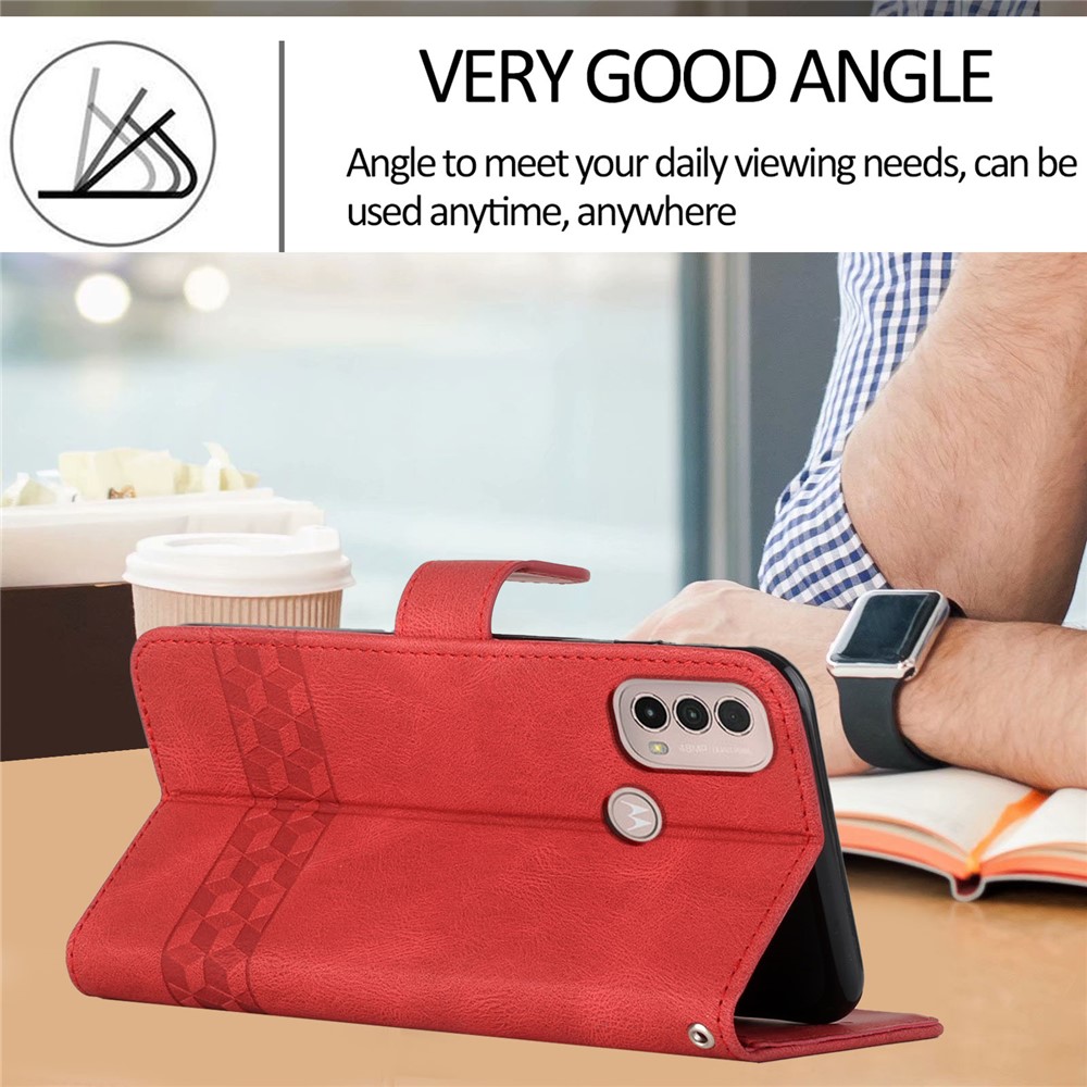 YX0010 Imprinting Rhombus Lines Scratch-resistant PU Leather Stand Case Wallet Protector with Strap for Motorola Moto E20/E30/E40 - Red-5