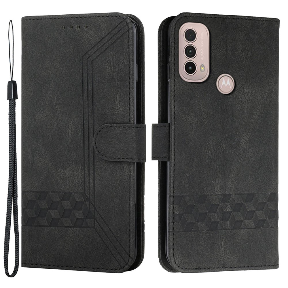 YX0010 Imprinting Rhombus Lines Scratch-resistant PU Leather Stand Case Wallet Protector with Strap for Motorola Moto E20/E30/E40 - Black-1