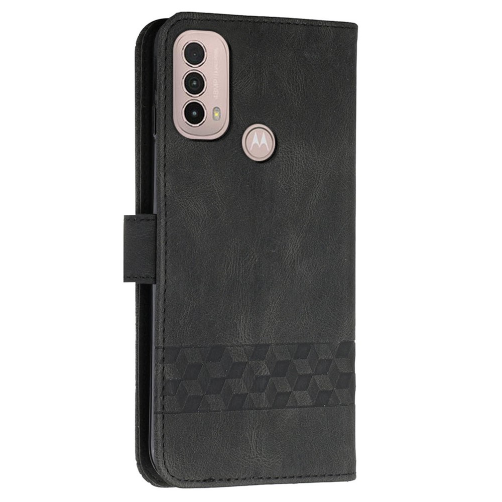 YX0010 Imprinting Rhombus Lines Scratch-resistant PU Leather Stand Case Wallet Protector with Strap for Motorola Moto E20/E30/E40 - Black-3