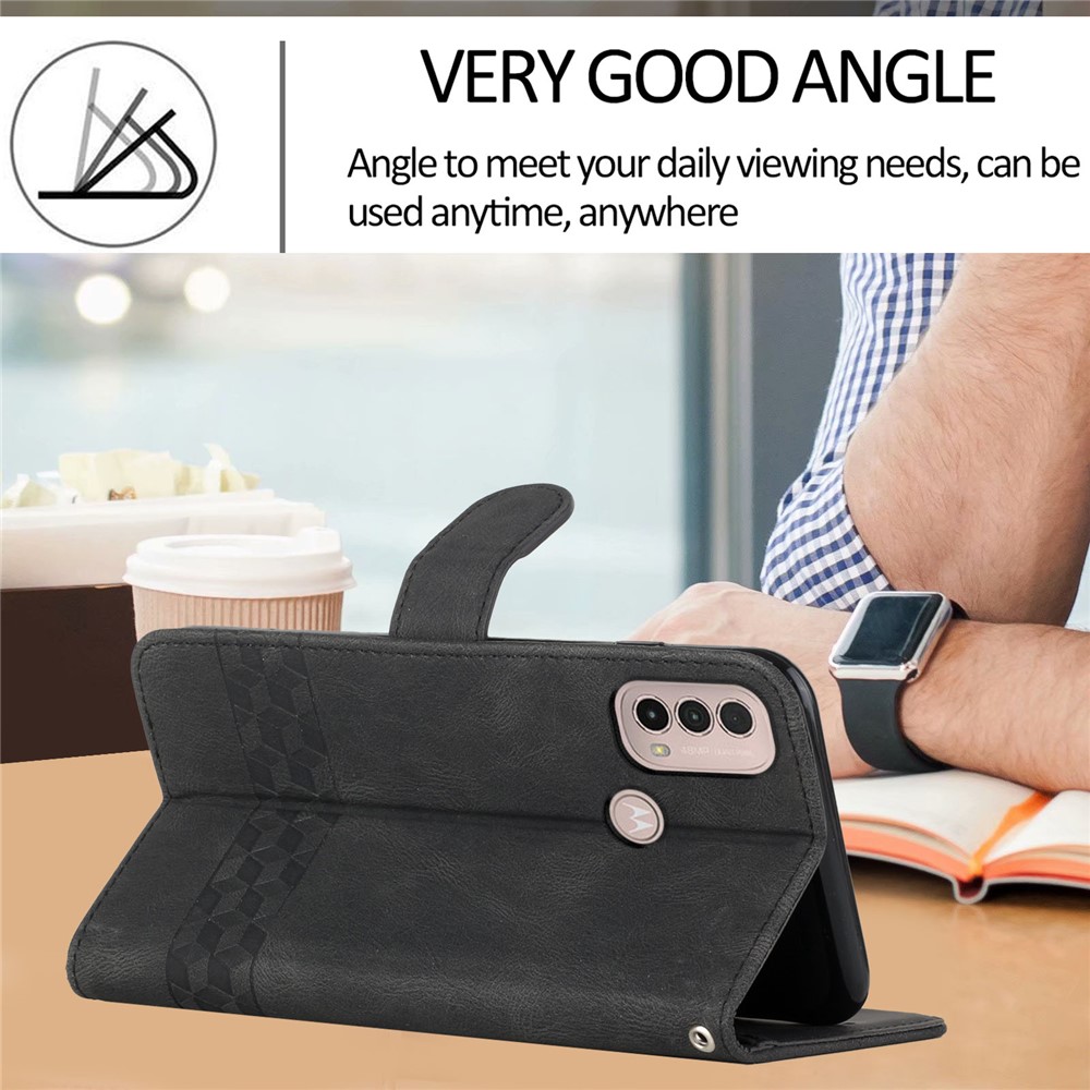 YX0010 Imprinting Rhombus Lines Scratch-resistant PU Leather Stand Case Wallet Protector with Strap for Motorola Moto E20/E30/E40 - Black-5