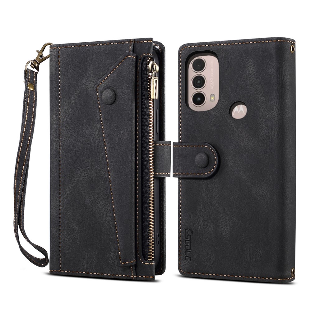 Multi-functional Wallet Design Well-protected Drop-proof Zippered Pocket Phone Cover with Stand for Motorola Moto E20/E30/E40 - Black-1