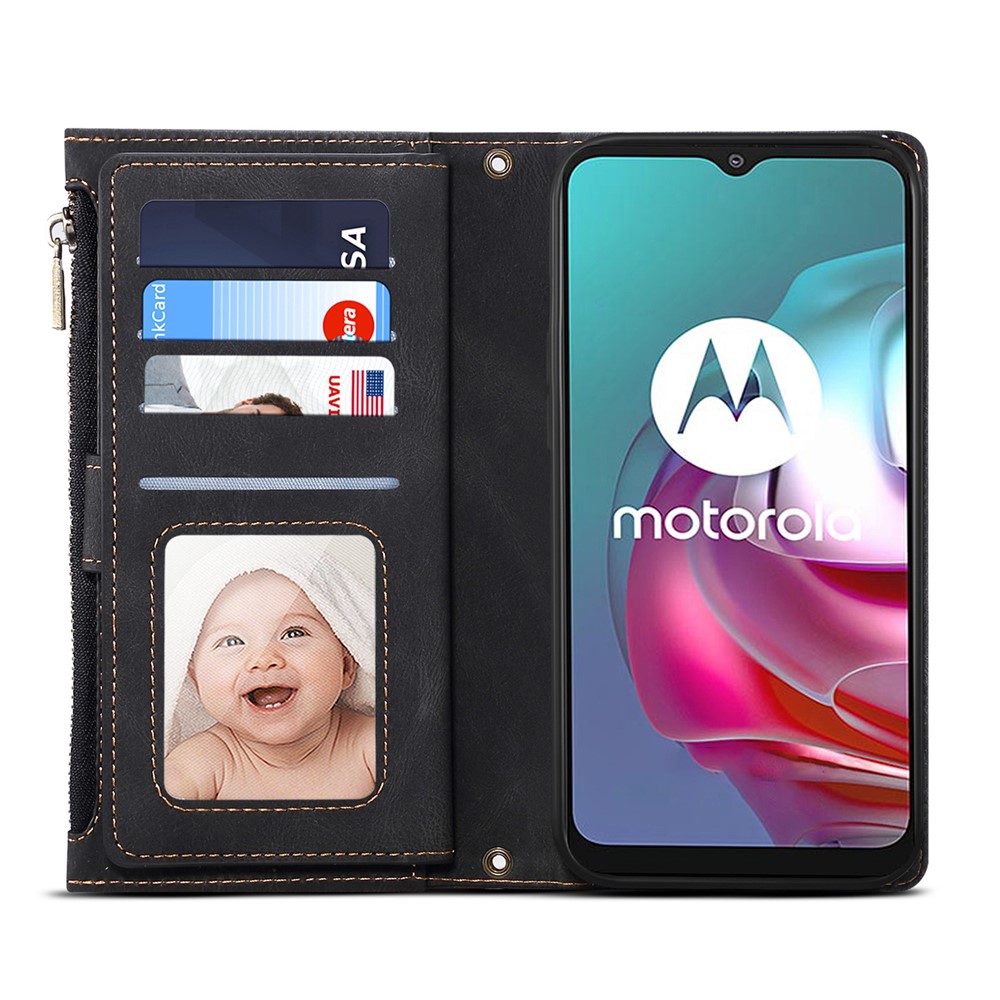 Multi-functional Wallet Design Well-protected Drop-proof Zippered Pocket Phone Cover with Stand for Motorola Moto E20/E30/E40 - Black-5