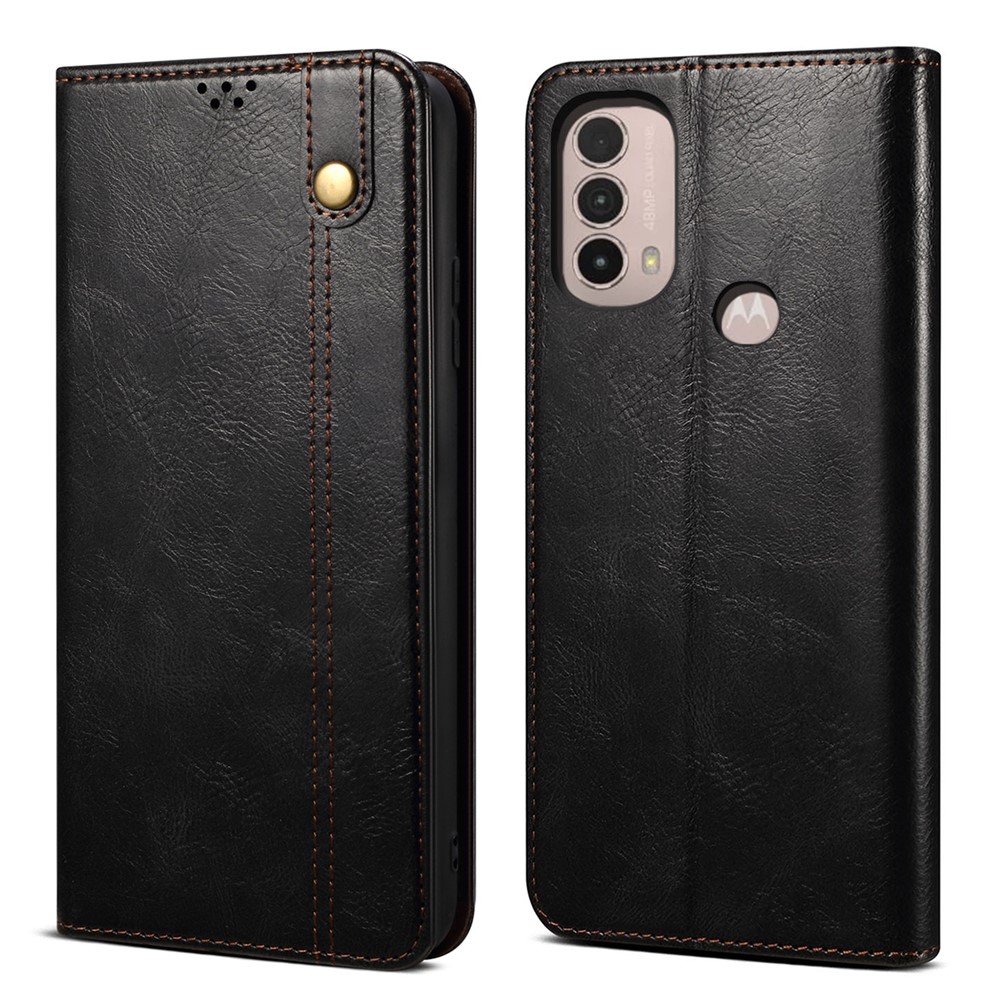 Waxy Workmanship Flip Shockproof Cover Crazy Horse Texture PU Leather Wallet Protective Phone Case with Stand for Motorola Moto E40/E30/E20 - Black-1