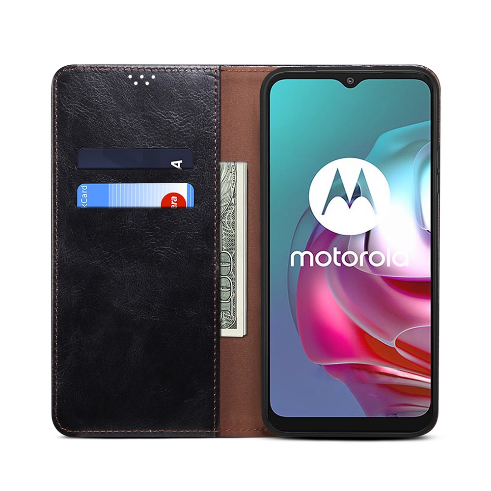 Waxy Workmanship Flip Shockproof Cover Crazy Horse Texture PU Leather Wallet Protective Phone Case with Stand for Motorola Moto E40/E30/E20 - Black-5