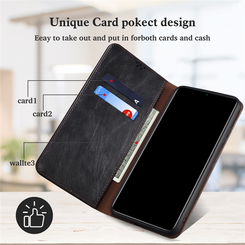 Waxy Workmanship Flip Shockproof Cover Crazy Horse Texture PU Leather Wallet Protective Phone Case with Stand for Motorola Moto E40/E30/E20 - Black-6