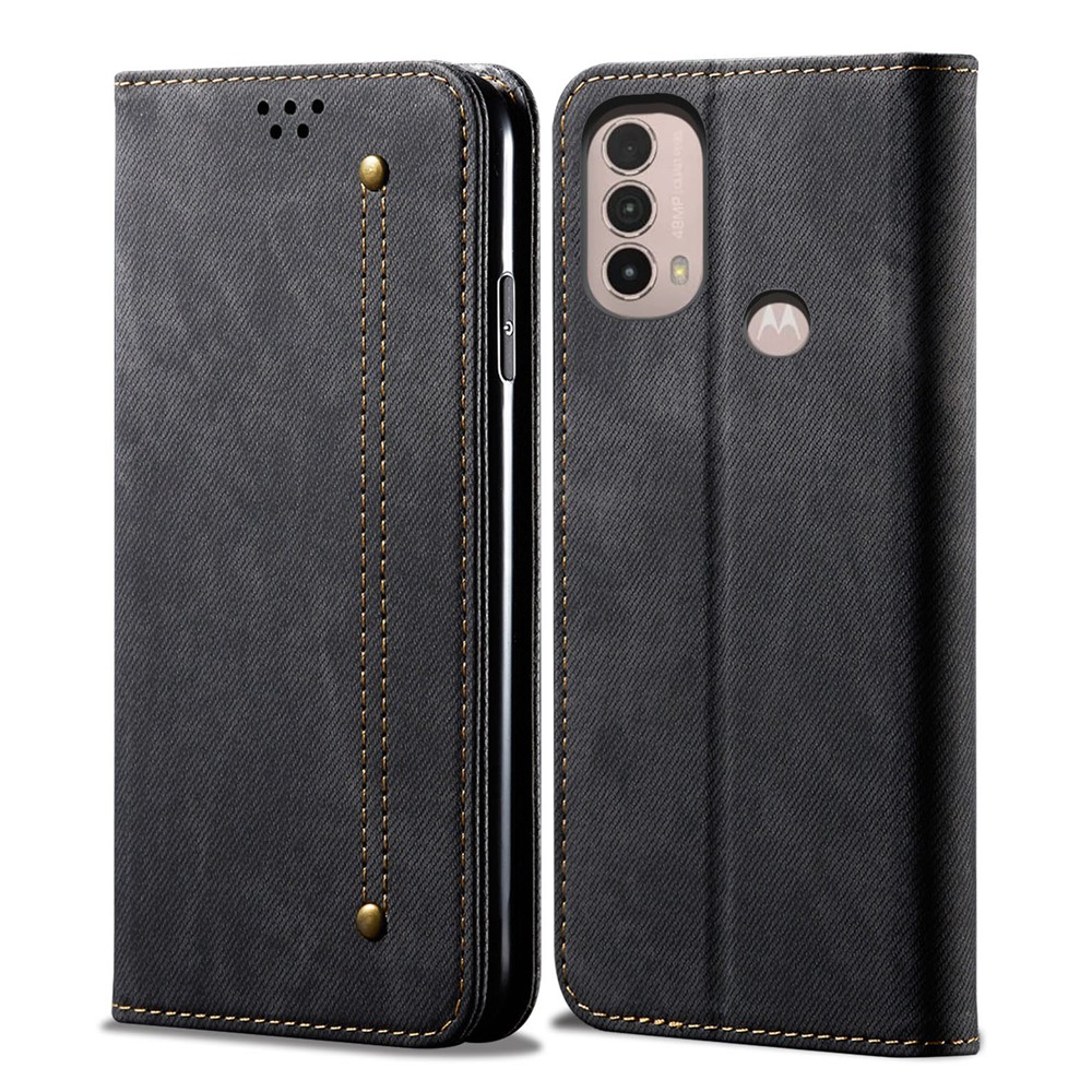 Protective Flip Phone Cover PU Leather+TPU Phone Case Jeans Cloth Texture Wallet for Motorola Moto E20 - Black-1