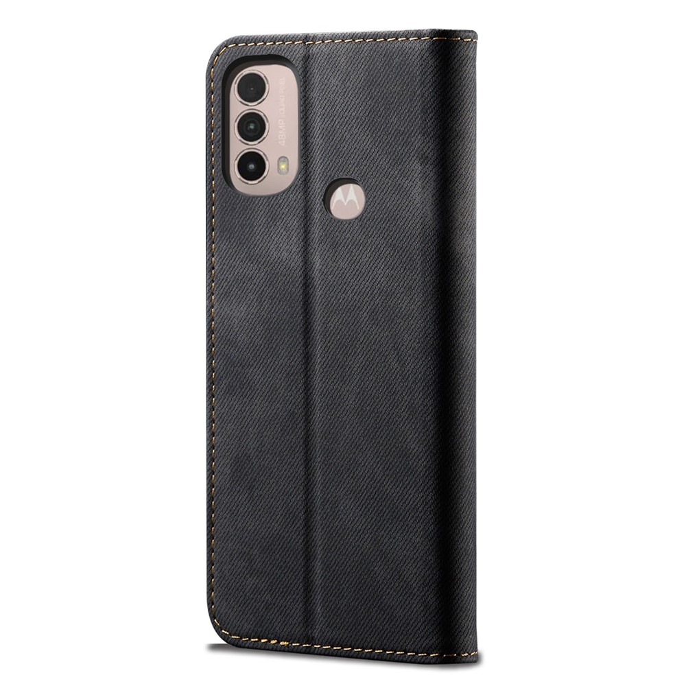 Protective Flip Phone Cover PU Leather+TPU Phone Case Jeans Cloth Texture Wallet for Motorola Moto E20 - Black-3