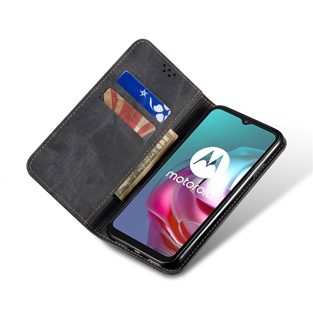 Protective Flip Phone Cover PU Leather+TPU Phone Case Jeans Cloth Texture Wallet for Motorola Moto E20 - Black-4