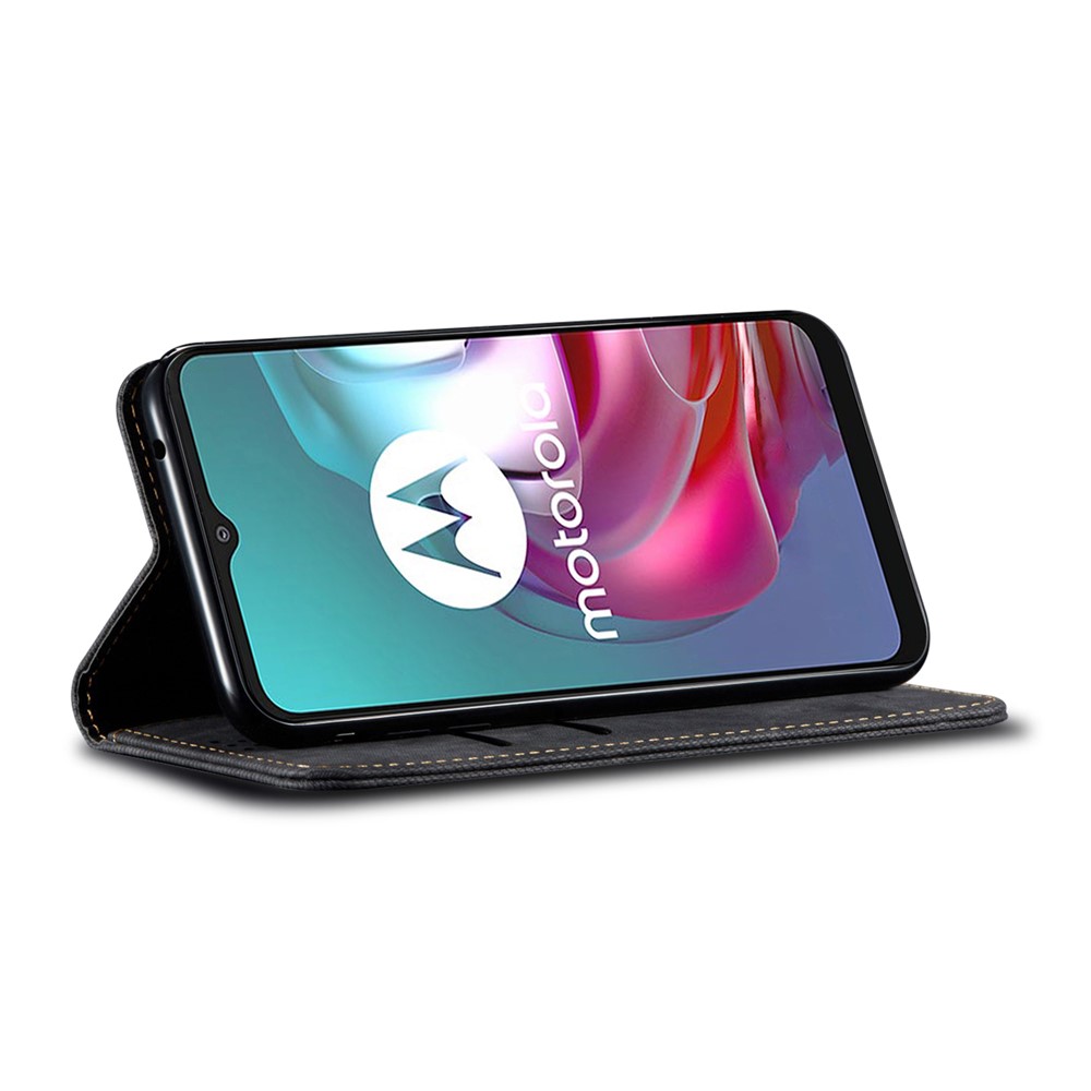 Protective Flip Phone Cover PU Leather+TPU Phone Case Jeans Cloth Texture Wallet for Motorola Moto E20 - Black-5