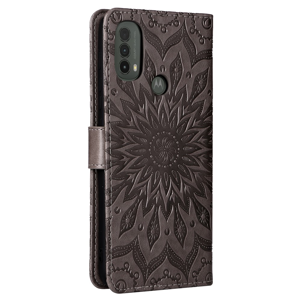 Mandala Sun Pattern Imprinted PU Leather Wallet Stand Flip Cover with Strap for Motorola Moto E20 / E30 / E40 - Grey-4