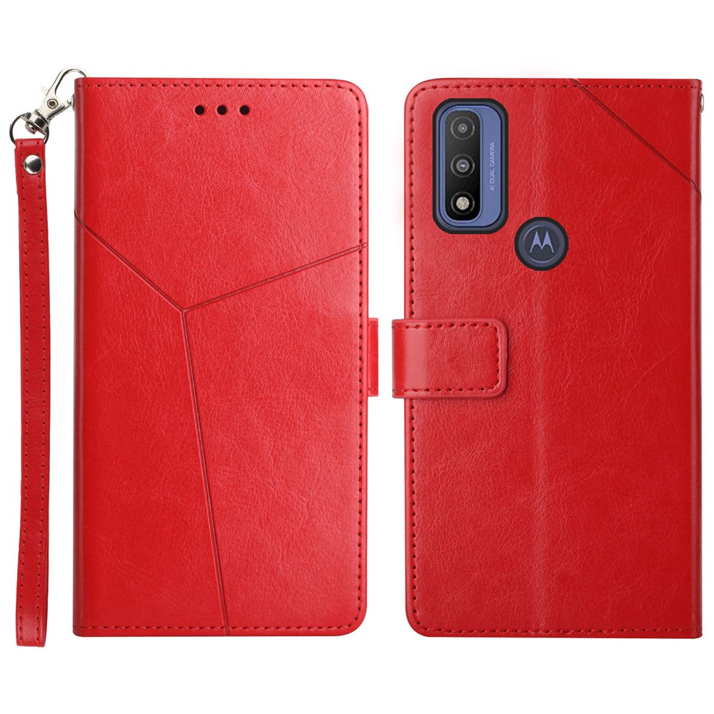 Imprinted Y-shaped Lines Magnetic PU Leather Stand Flip Wallet Phone Cover with Strap for Motorola G Pure - Red-1