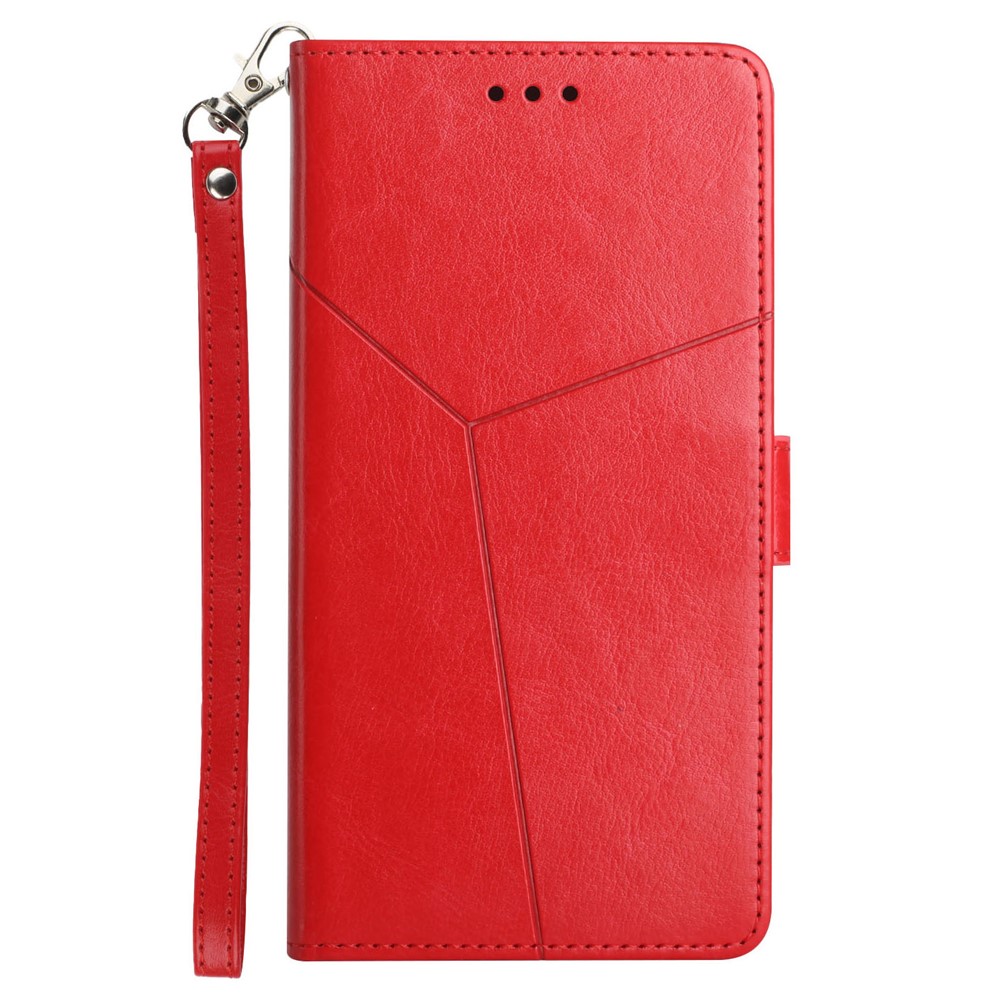 Imprinted Y-shaped Lines Magnetic PU Leather Stand Flip Wallet Phone Cover with Strap for Motorola G Pure - Red-8
