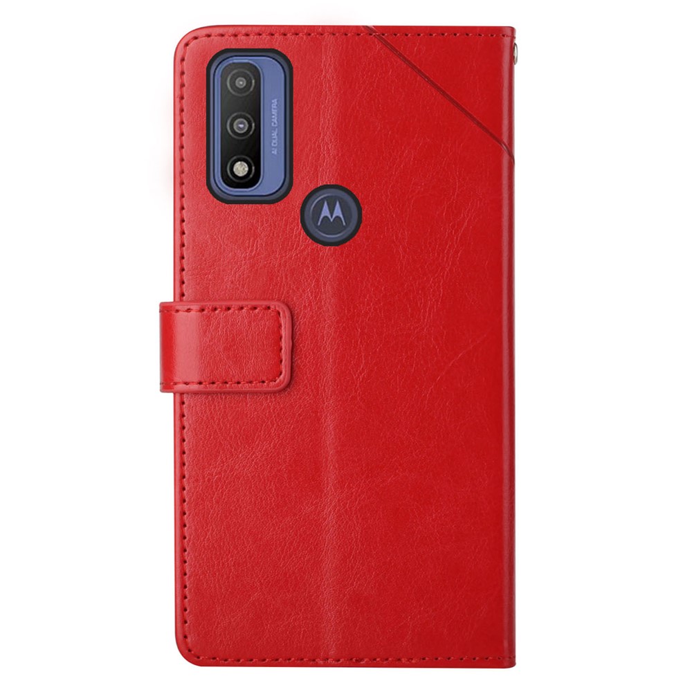 Imprinted Y-shaped Lines Magnetic PU Leather Stand Flip Wallet Phone Cover with Strap for Motorola G Pure - Red-9