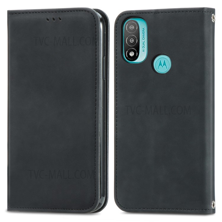 Auto-closing Phone Protection Shell Retro Style Skin-Touch Surface TPU+PU Leather Flip Phone Case with Supporting Stand Card Slots for Motorola Moto E20 - Black-1