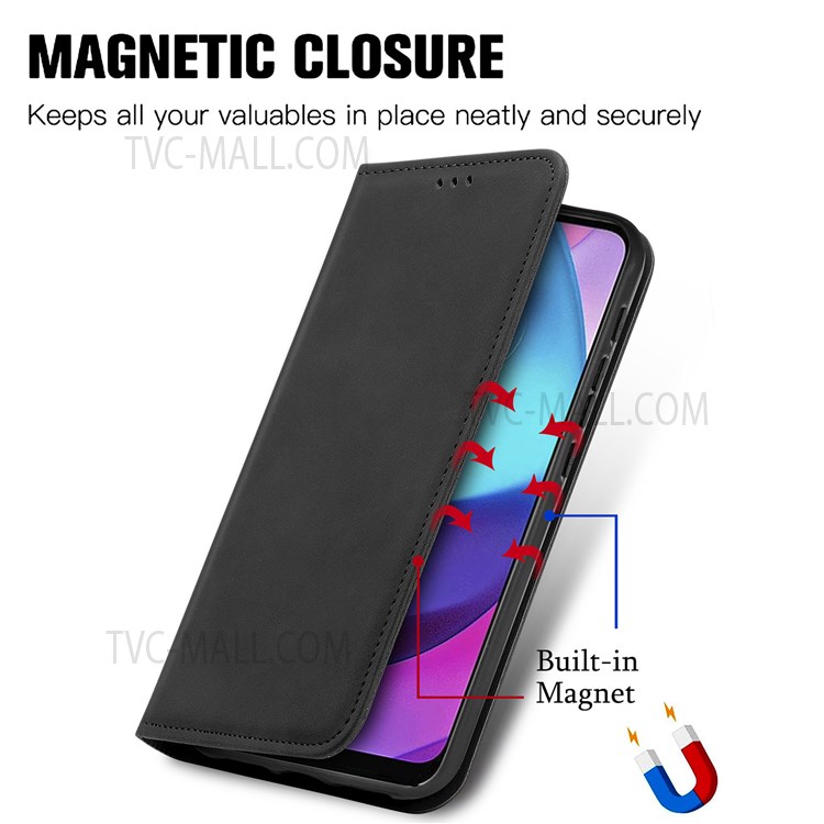 Auto-closing Phone Protection Shell Retro Style Skin-Touch Surface TPU+PU Leather Flip Phone Case with Supporting Stand Card Slots for Motorola Moto E20 - Black-2
